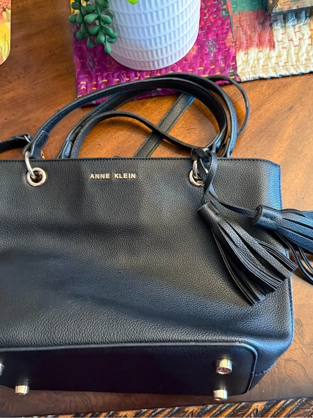 Anne Klein Black Pebbled Leather Shoulder Tote with Tassel